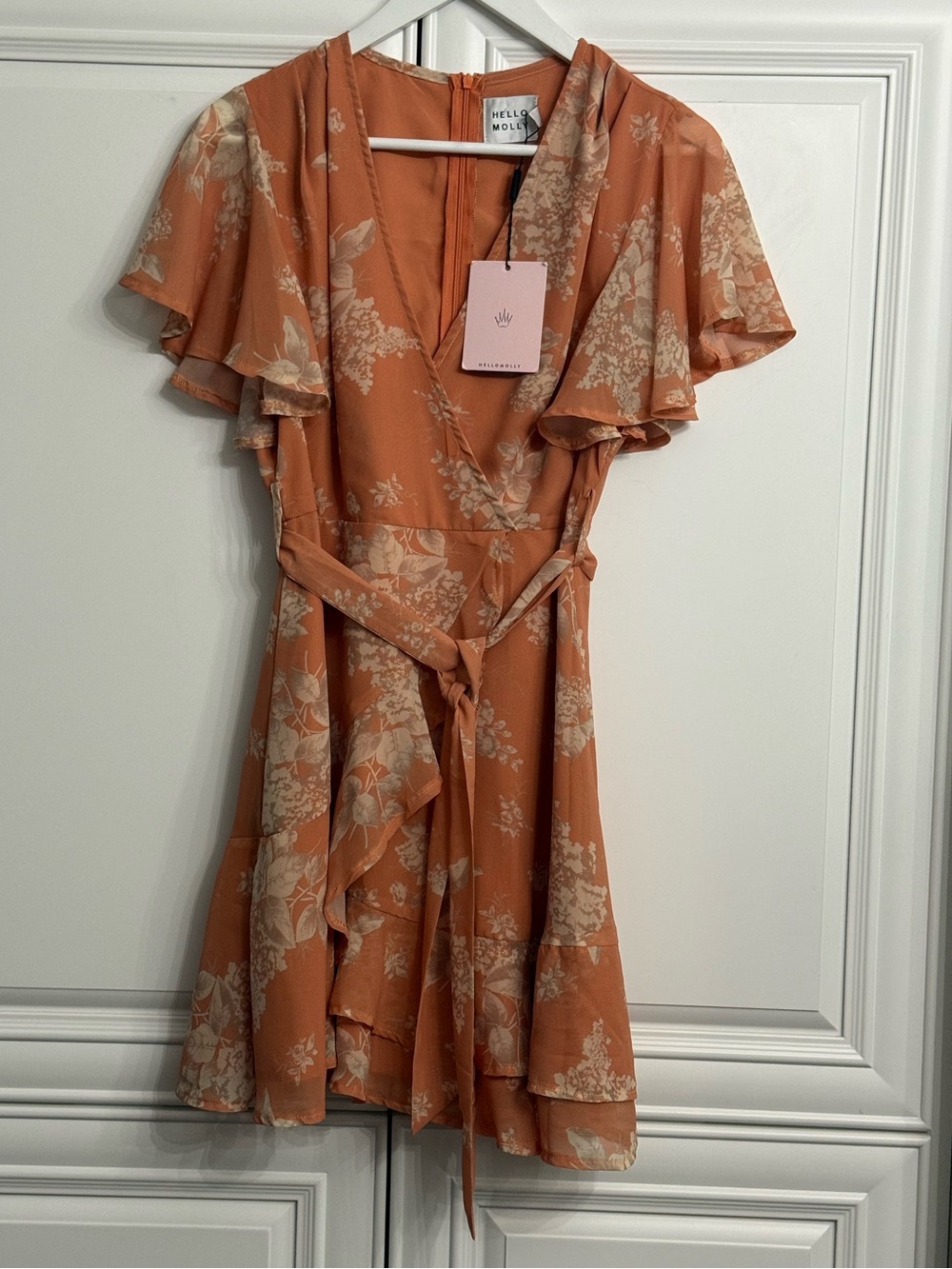 NWT Hello Molly Size 6 Rust-Orange Floral Mini Dress Ruffles Faux Wrap Tie Waist